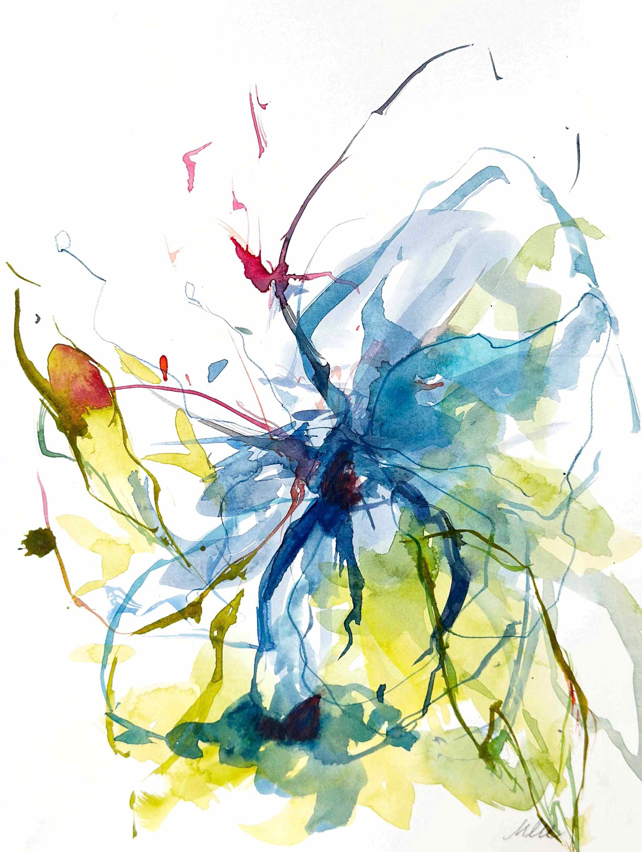 Abstract art painting with blue, green, and red colors on a white background by Monica Lee Rich