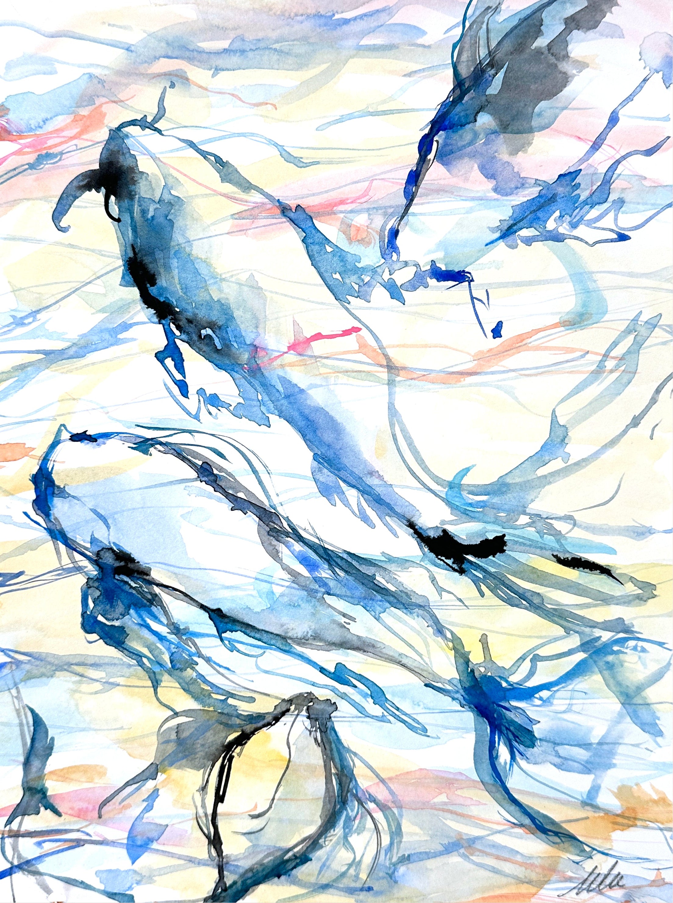 Abstract watercolor painting of fish with blue, black, and white strokes on a light background. Koi fish painting by Monica Lee Rich