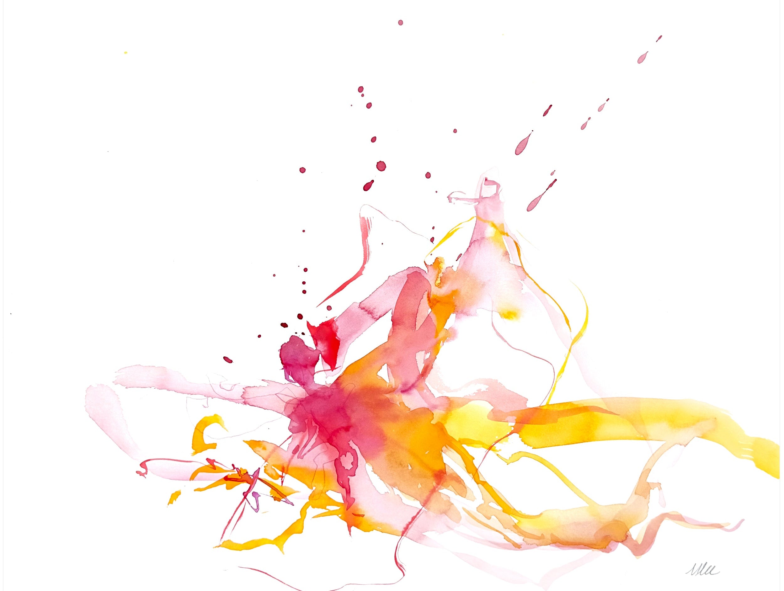 Abstract  floral watercolor art with pink and yellow splashes on a white background by Monica Lee Rich