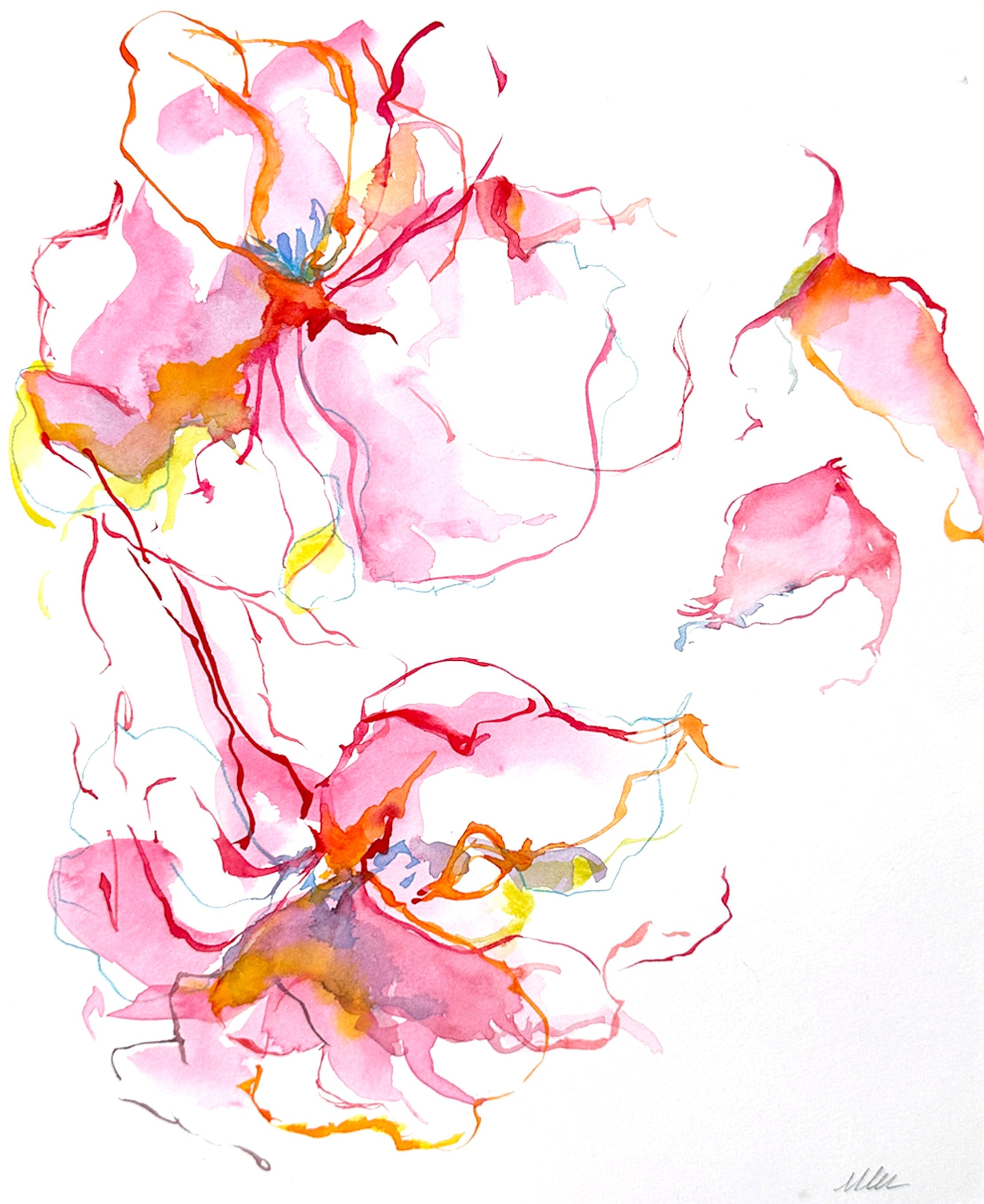 Abstract art piece with pink, orange, and yellow colors on a white background by artist Monica Lee Rich