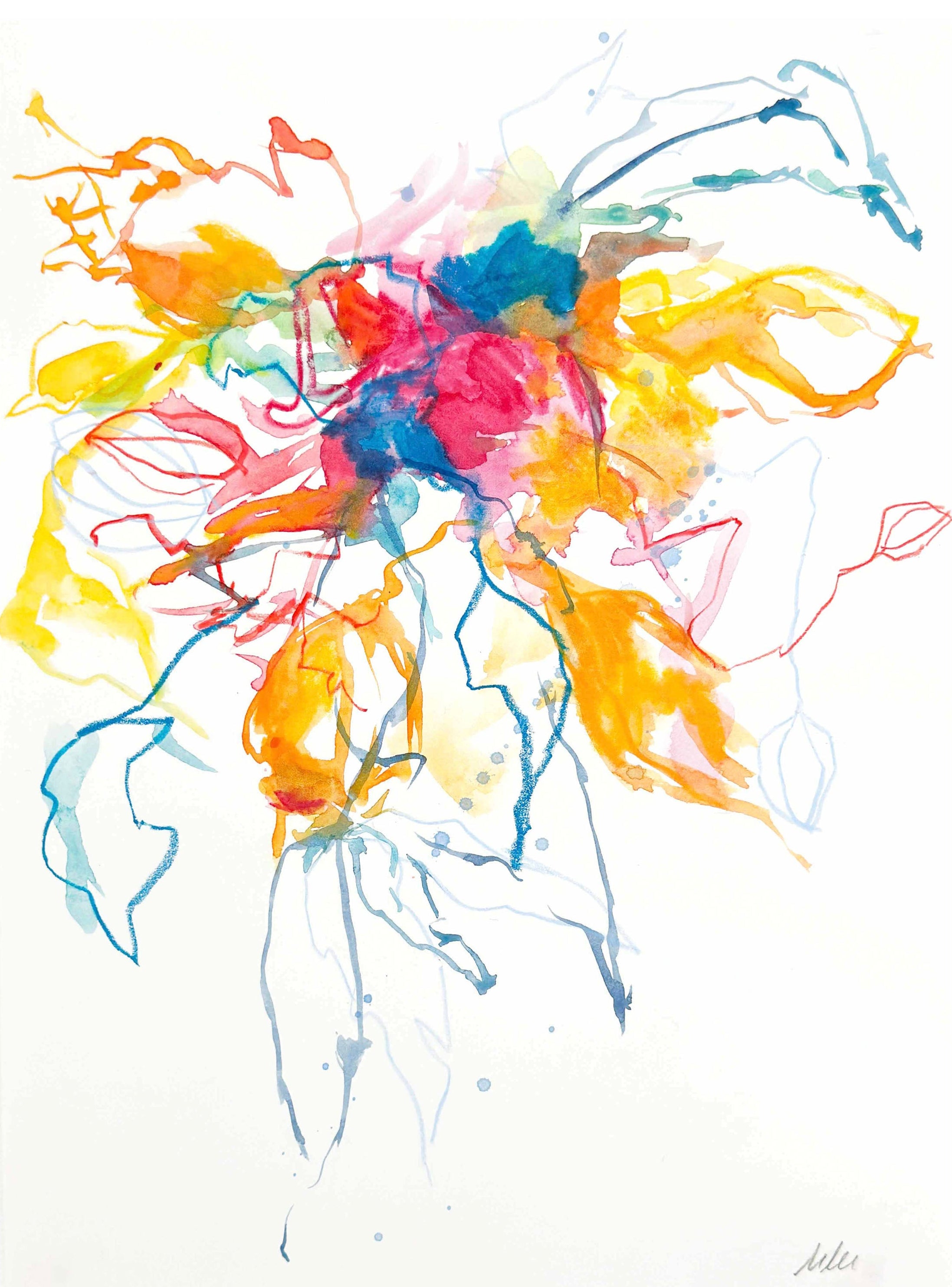 Abstract floral artwork with colorful splashes on a white background by Monica Lee Rich