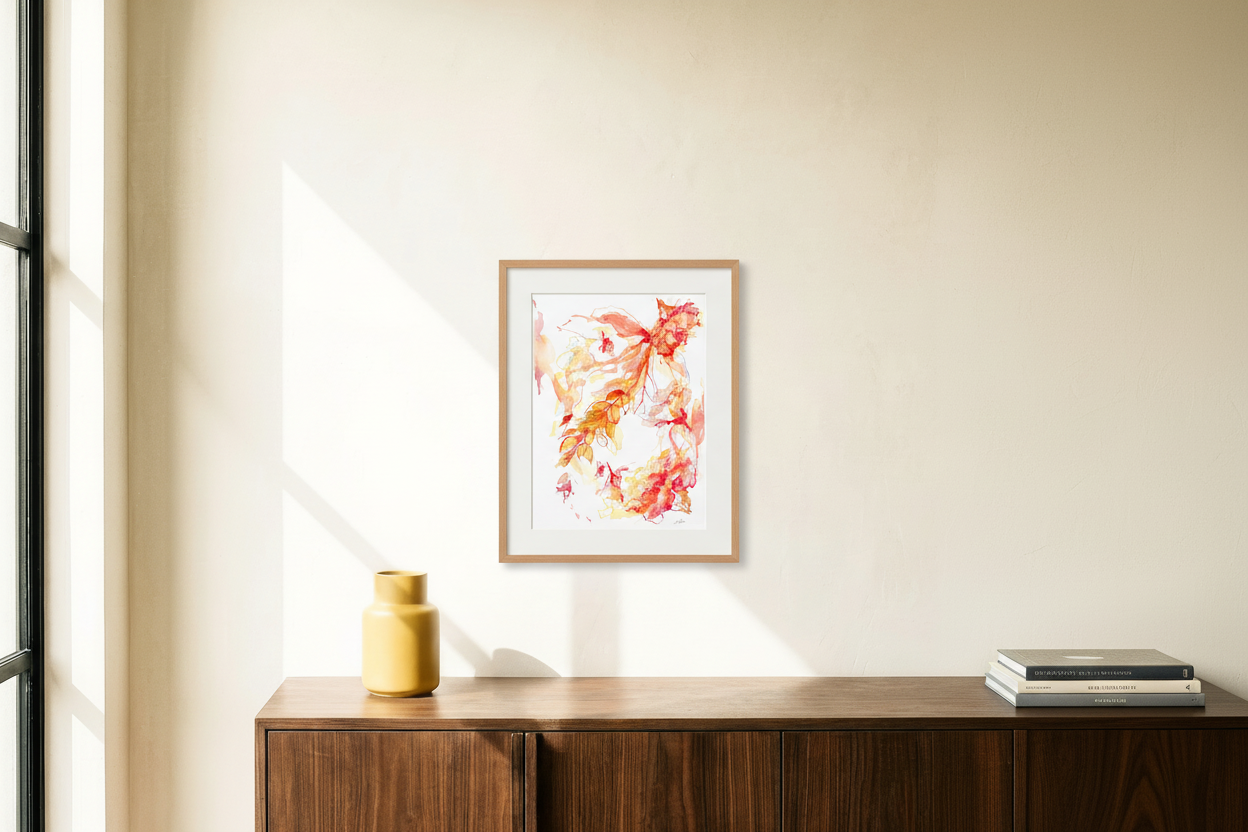 Autumn Fire - Walnut Credenza with Yellow Vase and Books